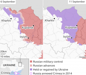 No mapa, o antes e o depois da contra-ofensiva ucraniana: em roxo, o que foi reconquistado pelas tropas ucranianas (Mapa Google)